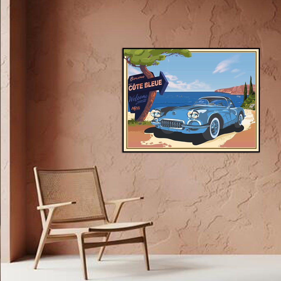 Voiture sur les bords de la cote bleue mis en situation salon